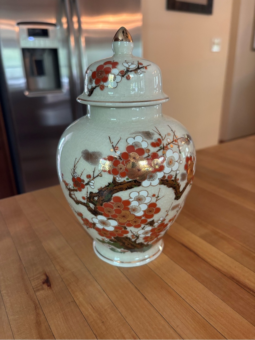 Ginger Jar Artmark Ceramic Vase With Lid Japanese Style 6" Red White Flowers
